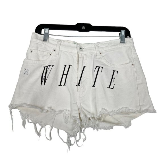 $535 Off-White White Black Logo Stone-Washed Distressed Denim Shorts size 27 - Picture 5 of 12